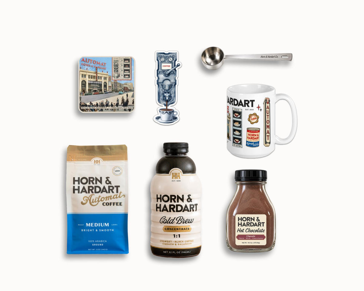 A group of Horn and Hardart Gifts including Cold Brew, hot chocolate, and Regular Coffee.