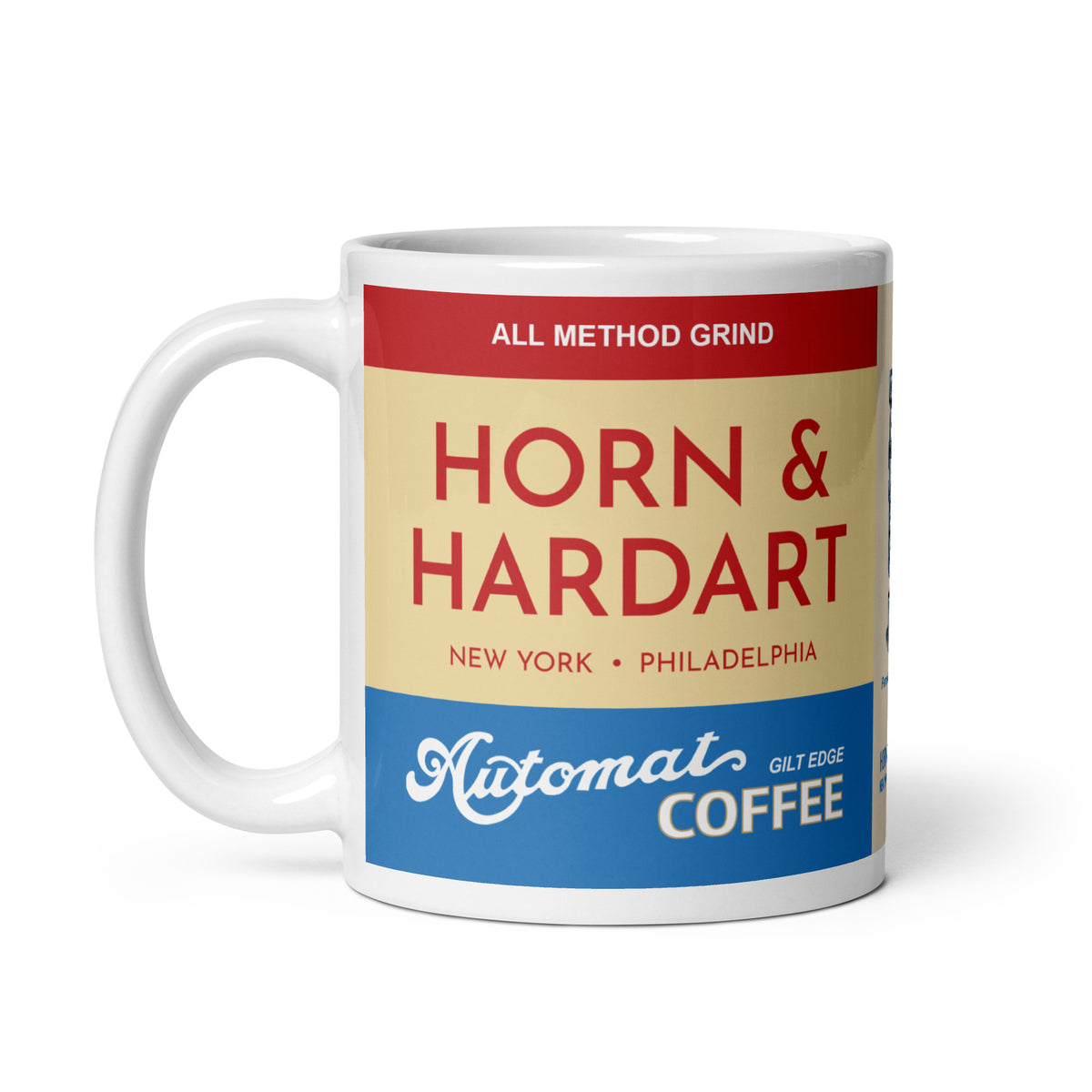 All Method Grind Mug with Horn & Hardart coffee label design on a white background