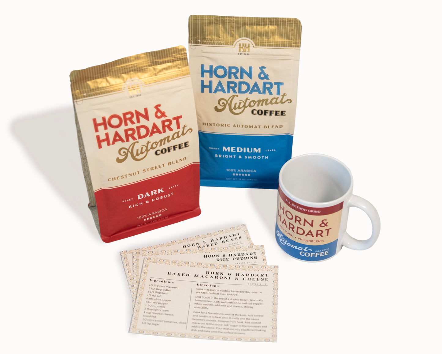 Horn & Hardart coffee packages, mug, and recipe cards on a white background