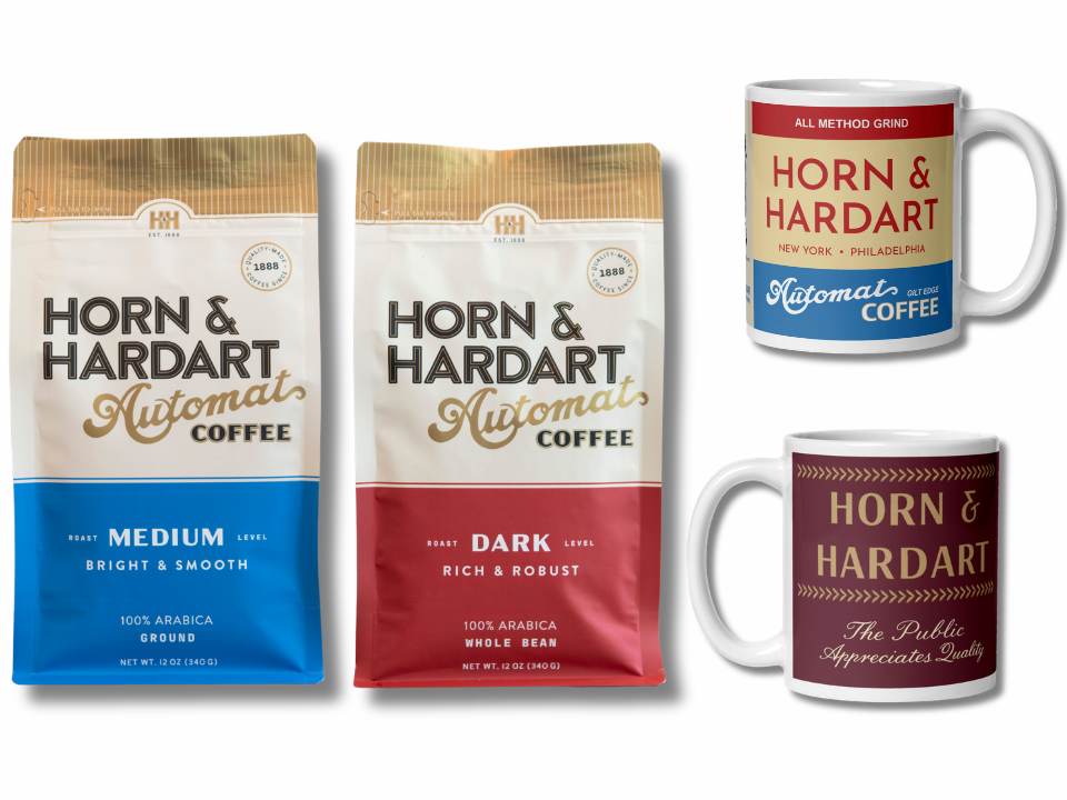Medium and Dark Roast Automat Coffee along with two mugs