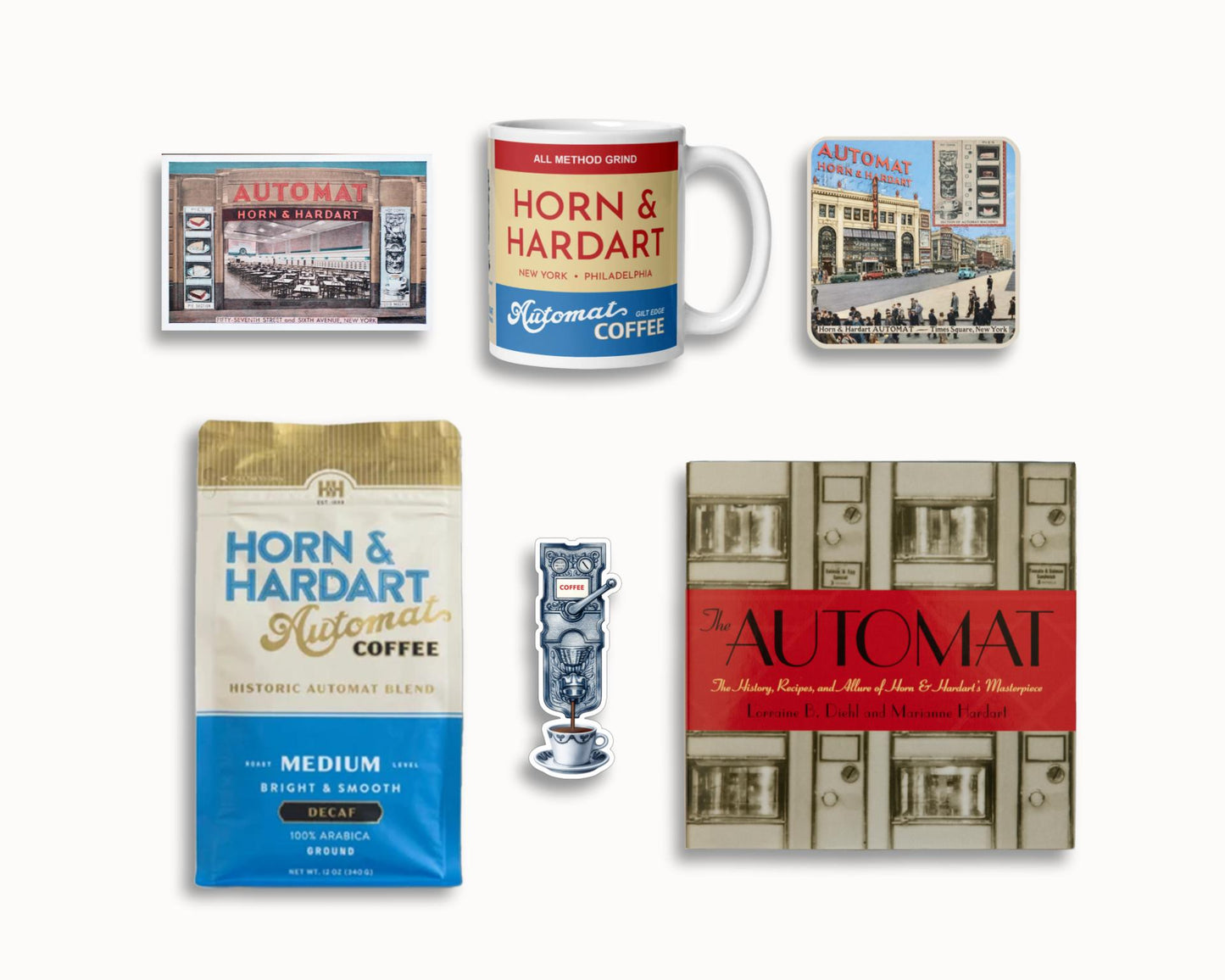 A collection of Horn & Hardart coffee-themed merchandise on a white background, including a square coaster, a ceramic mug, a small sign, a coffee bag, a magnet, and a book cover.