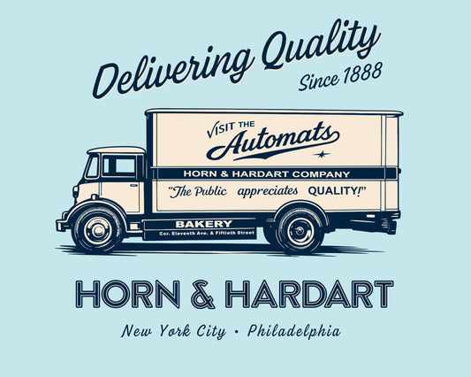 "Delivering Quality" H&H Design. A delivery truck with Horn and Hardart text.