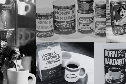 Left: Dolphin-spout coffee dispenser. Right: Various images of old and new Horn & Hardart Coffee packaging