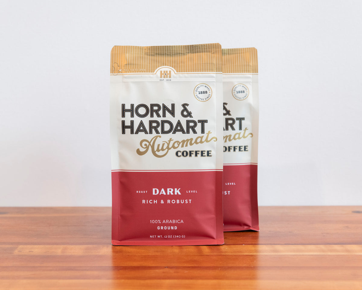 Horn & Hardart Dark Roast Automat Coffee bag sitting on a wooden surface