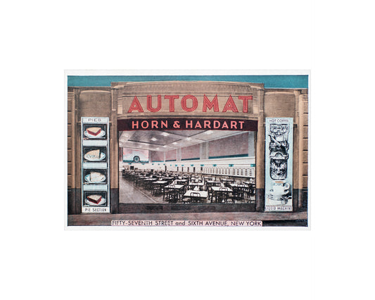 Postcard for Horn & Hardart Automat with interior view and branding details.