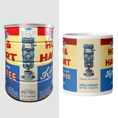 Horn & Hardart All Method Grind Coffee Tin next to mug