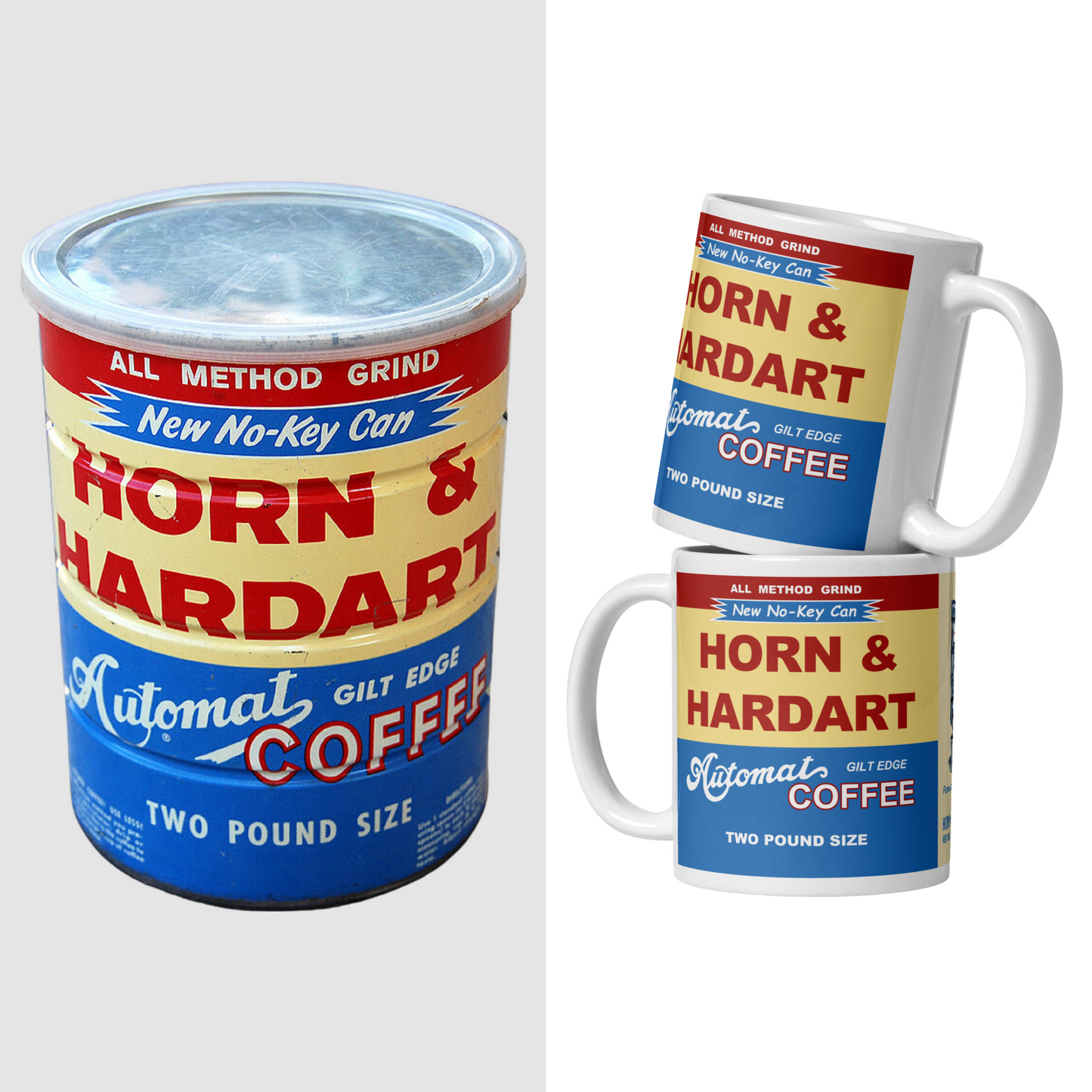 Horn & Hardart All Method Grind Coffee Tin next to mug