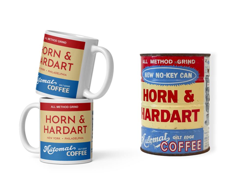 Two Horn & Hardart coffee mugs and a canister on a white background