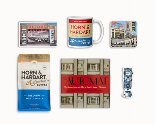 Horn and Hardart gift set including the Automat book, coffee, a mug, and a coaster.