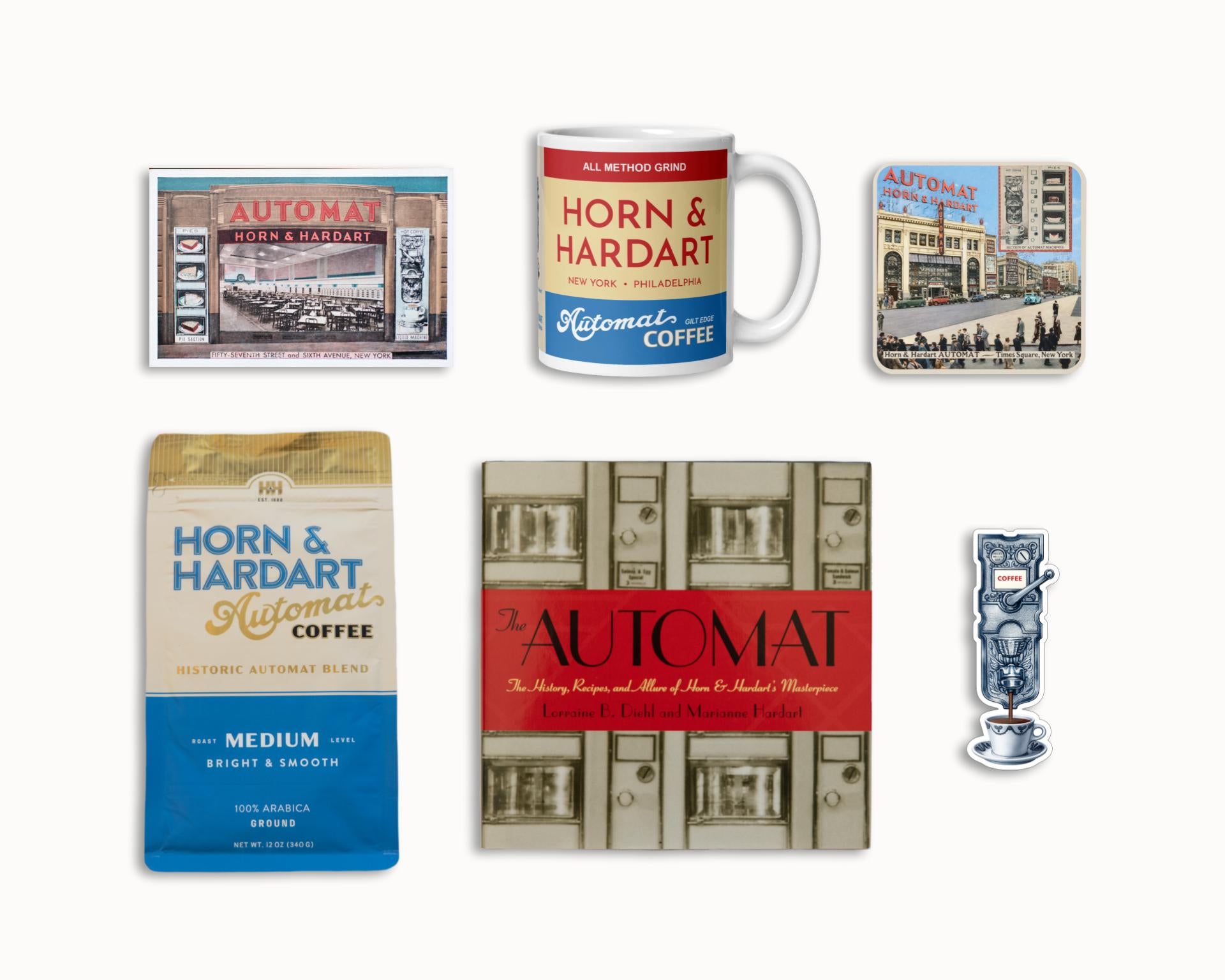 A set of Horn & Hardart Automat coffee-themed merchandise on a light gray background, including a mug, coaster, card, coffee bag, poster, and small figurine.