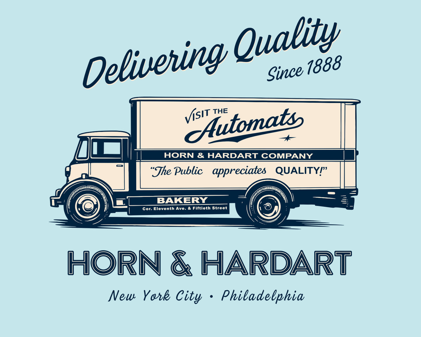 "Delivering Quality" H&H Design. A delivery truck with Horn and Hardart text.