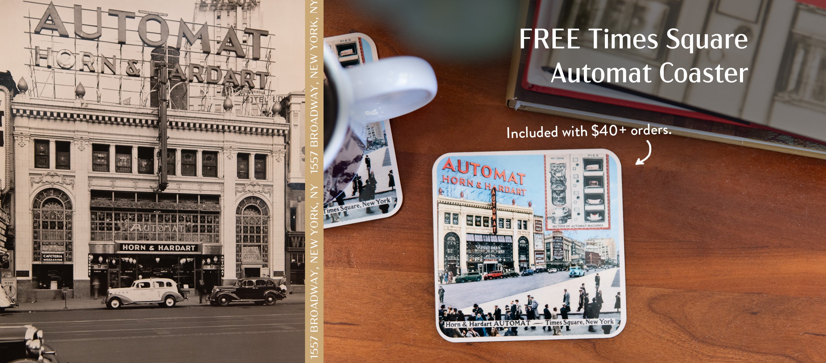Coaster with Times Square Automat design on a wooden surface.