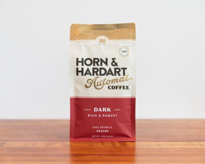 Horn & Hardart Dark Roast Automat Coffee bag sitting on a wooden surface
