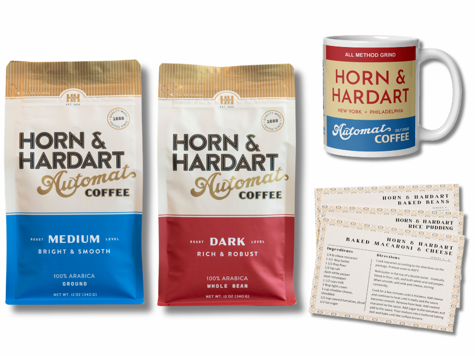 One bag Medium Roast Automat Coffee (Ground or Whole Bean)
One bag Dark Roast Automat Coffee (Ground or Whole Bean)
One All Method Grind Mug – 11 oz
Three Original Recipe Cards: Baked Beans, Macaroni & Cheese, Rice Pudding