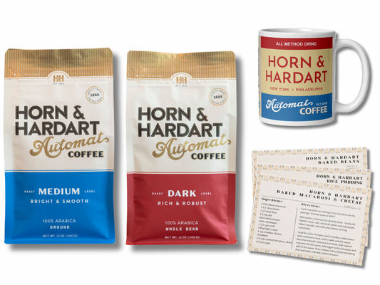 One bag Medium Roast Automat Coffee (Ground or Whole Bean)
One bag Dark Roast Automat Coffee (Ground or Whole Bean)
One All Method Grind Mug – 11 oz
Three Original Recipe Cards: Baked Beans, Macaroni & Cheese, Rice Pudding
