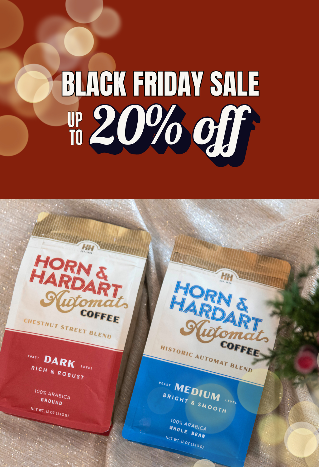Horn & Hardart coffee packages with a Black Friday sale banner on a blurred background