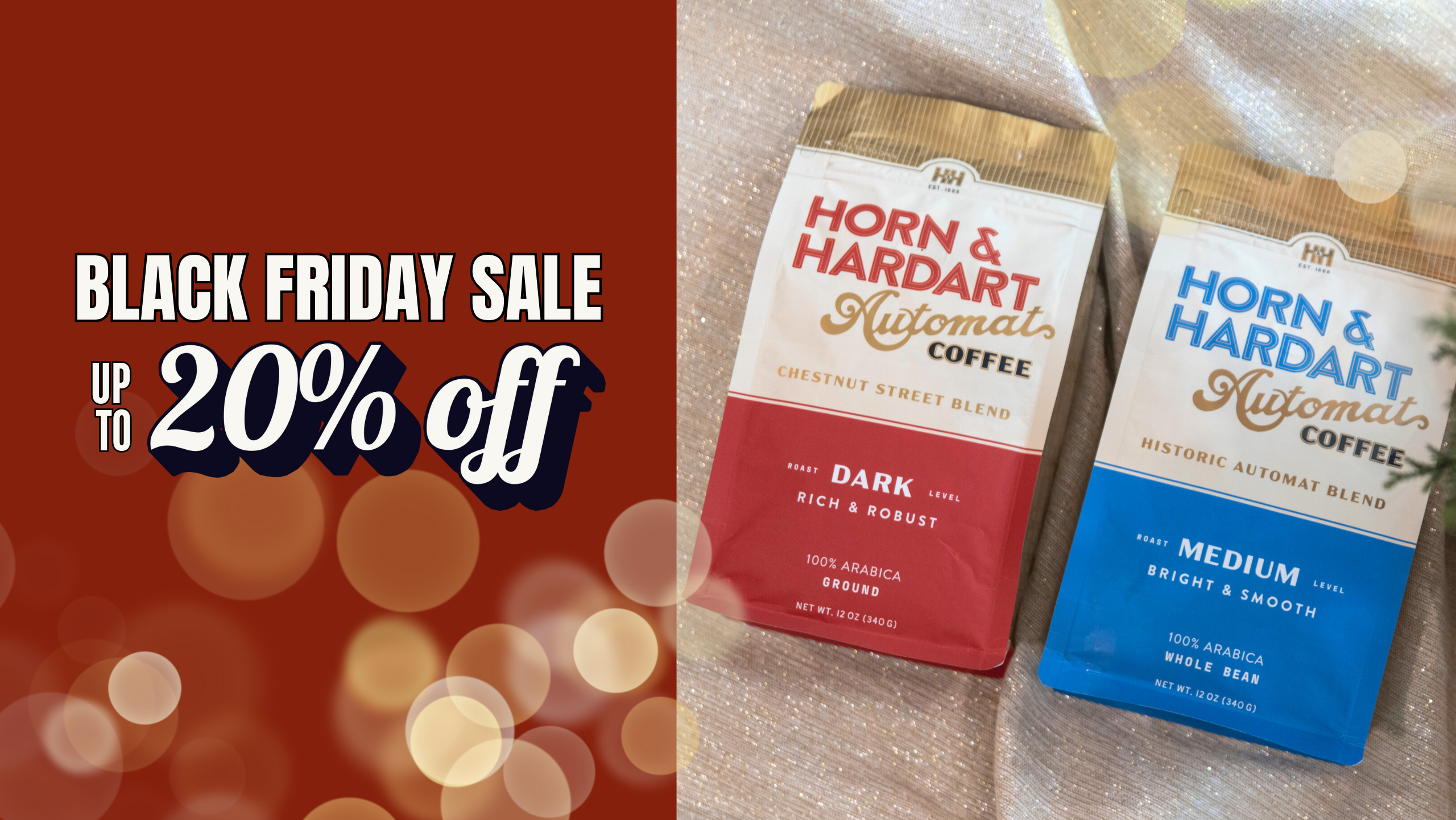 Horn & Hardart coffee packages with Black Friday sale text on a blurred background