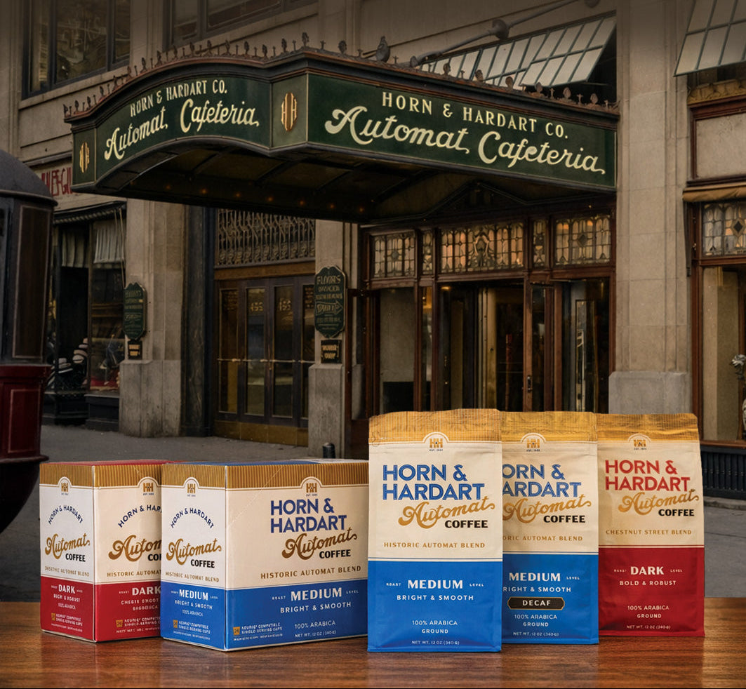 Horn & Hardart coffee packaging with a vintage café in the background