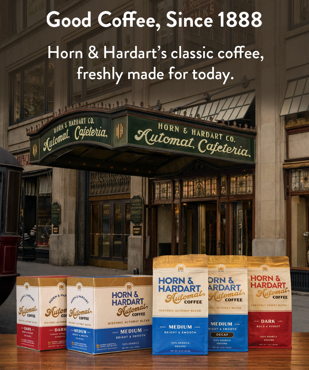Horn & Hardart coffee packaging with a vintage café in the background