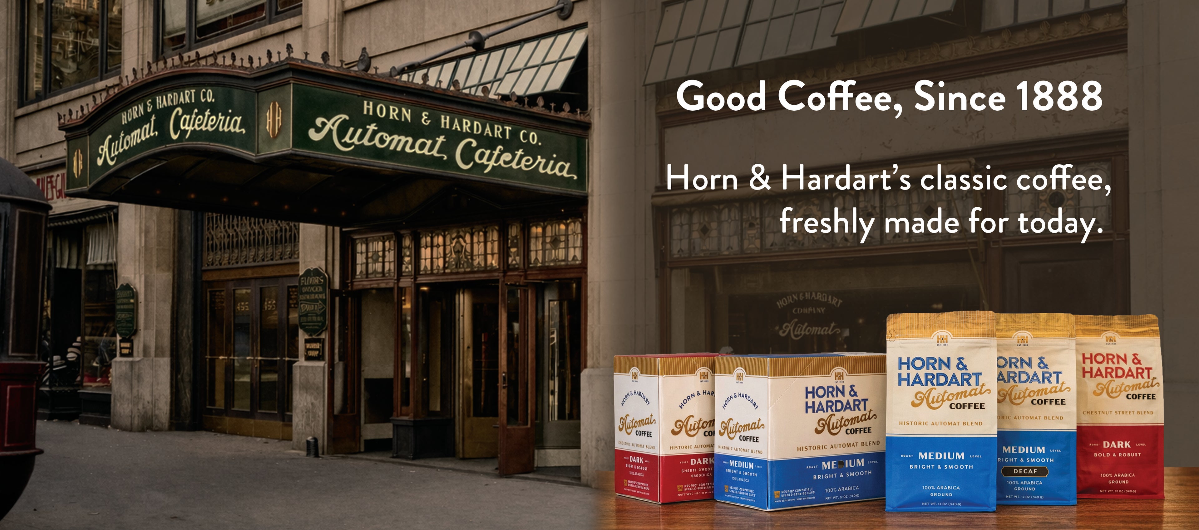 Horn & Hardart coffee packages displayed in front of a classic cafe entrance.