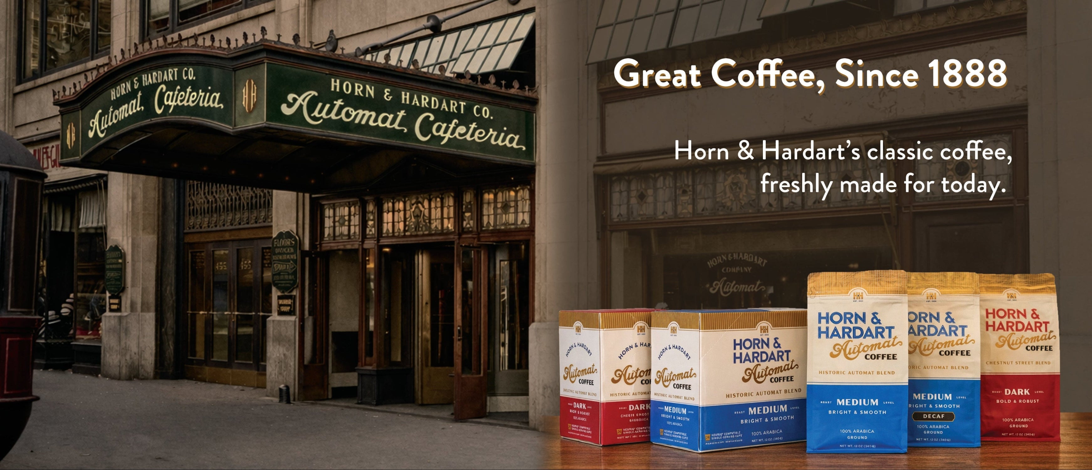 Horn & Hardart coffee packages displayed in front of a classic cafe entrance.