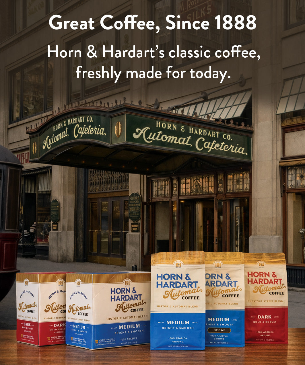 Horn & Hardart coffee packages in front of a classic building entrance.