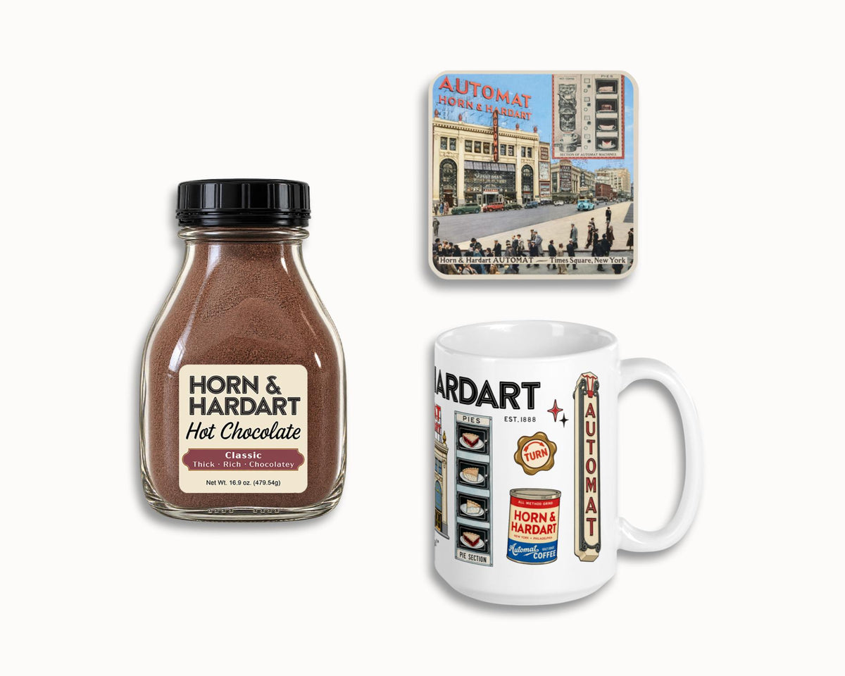 Horn and Hardart Hot Chocolate with a Mug and a coaster.