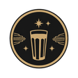 A circular black and gold graphic emblem featuring a stylized beer glass, stars, and geometric rays on a plain white background.