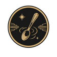 A circular black and gold graphic emblem featuring a spoon stirring ripples, with stars and geometric line motifs on a white background.