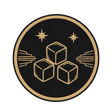 A circular black and gold graphic emblem featuring three outlined ice cubes, two starbursts, and decorative rays on a plain white background.