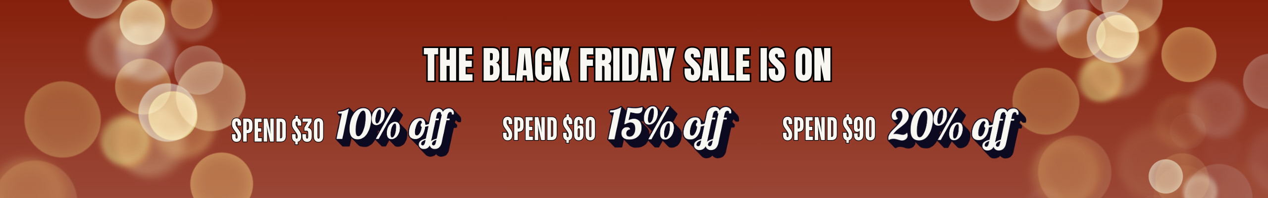 Black Friday sale banner with discount information on a blurred lights background