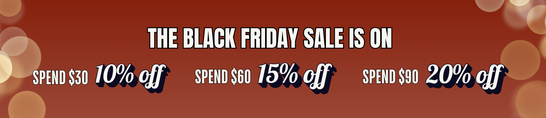 Black Friday sale banner with discount percentages and spend thresholds on a red background.