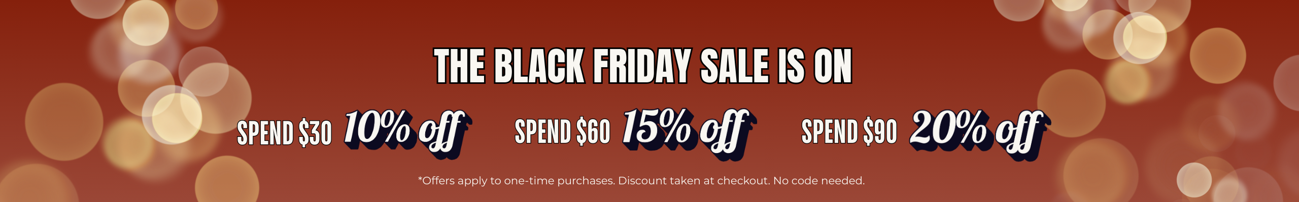 Black Friday sale banner with discount percentages on a blurred lights background
