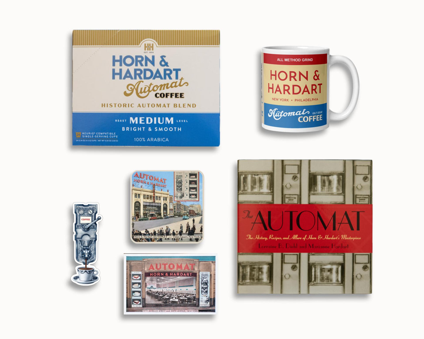A collection of merchandise and coffee pods from Horn and Hardart