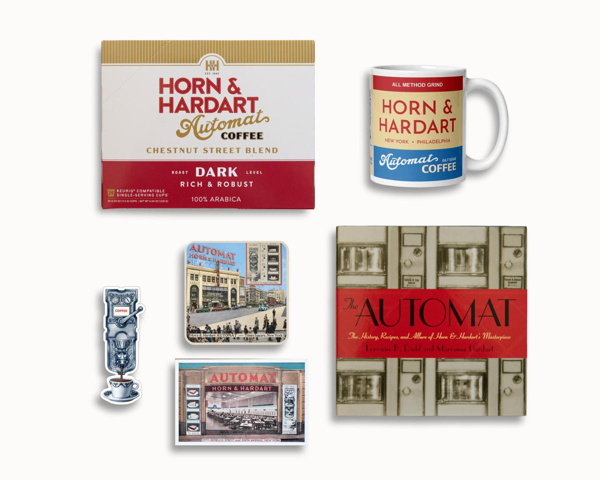 A H&H gift set including a book, mug, magnet, coaster, and coffee pods