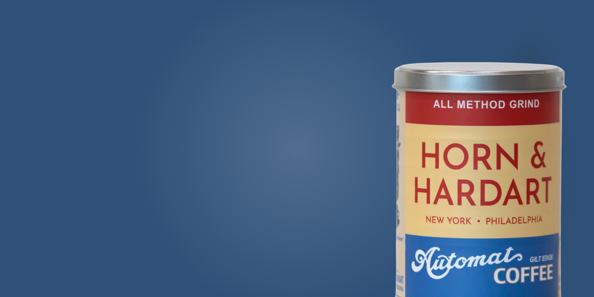 Horn & Hardart coffee can on a blue background
