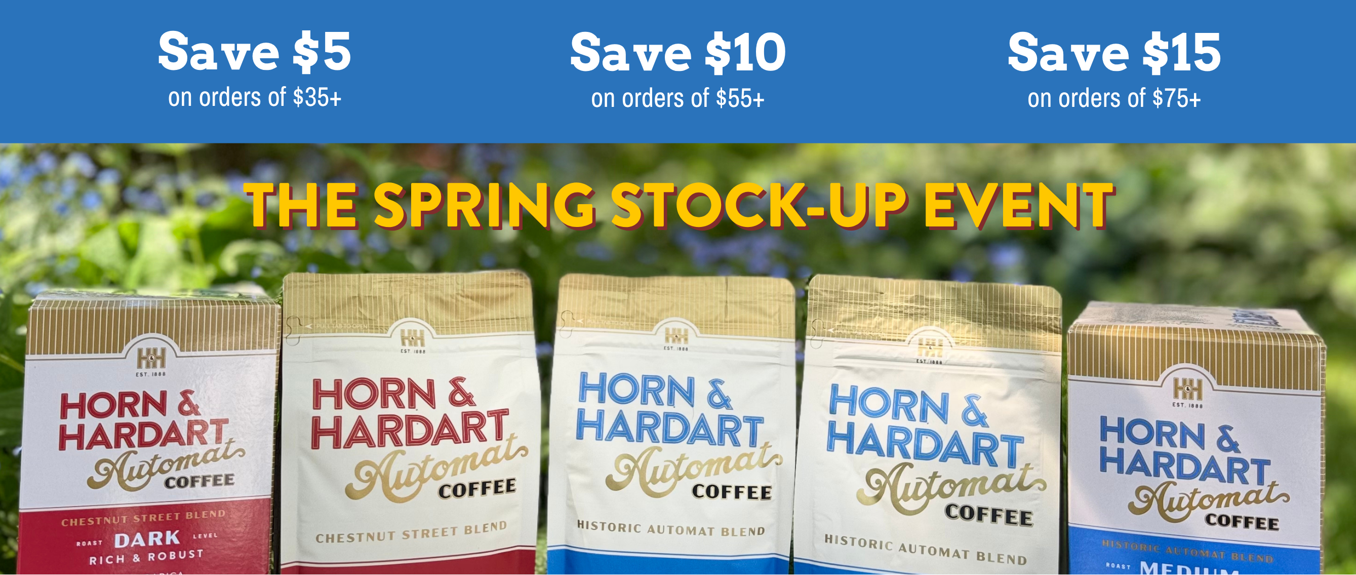 Horn & Hardart coffee packages with promotional text for a spring stock-up event.