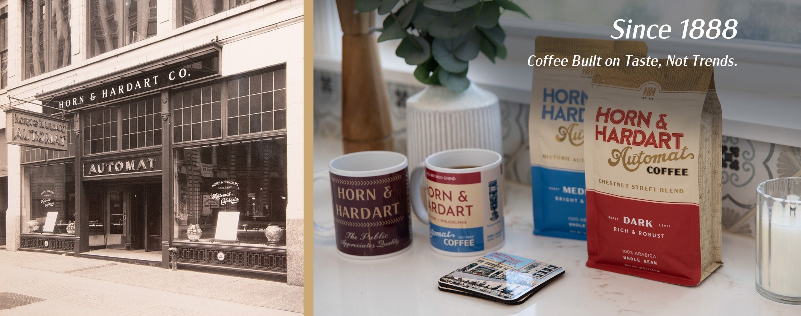 Horn & Hardart Co. storefront and coffee packaging with branding text "Since 1888".