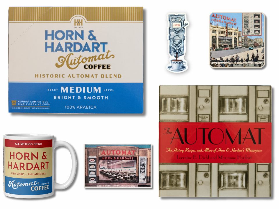Collection of Horn & Hardart Automat coffee products including a mug, packaging, and coasters.