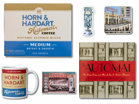 Collection of Horn & Hardart Automat coffee products including a mug, packaging, and coasters.