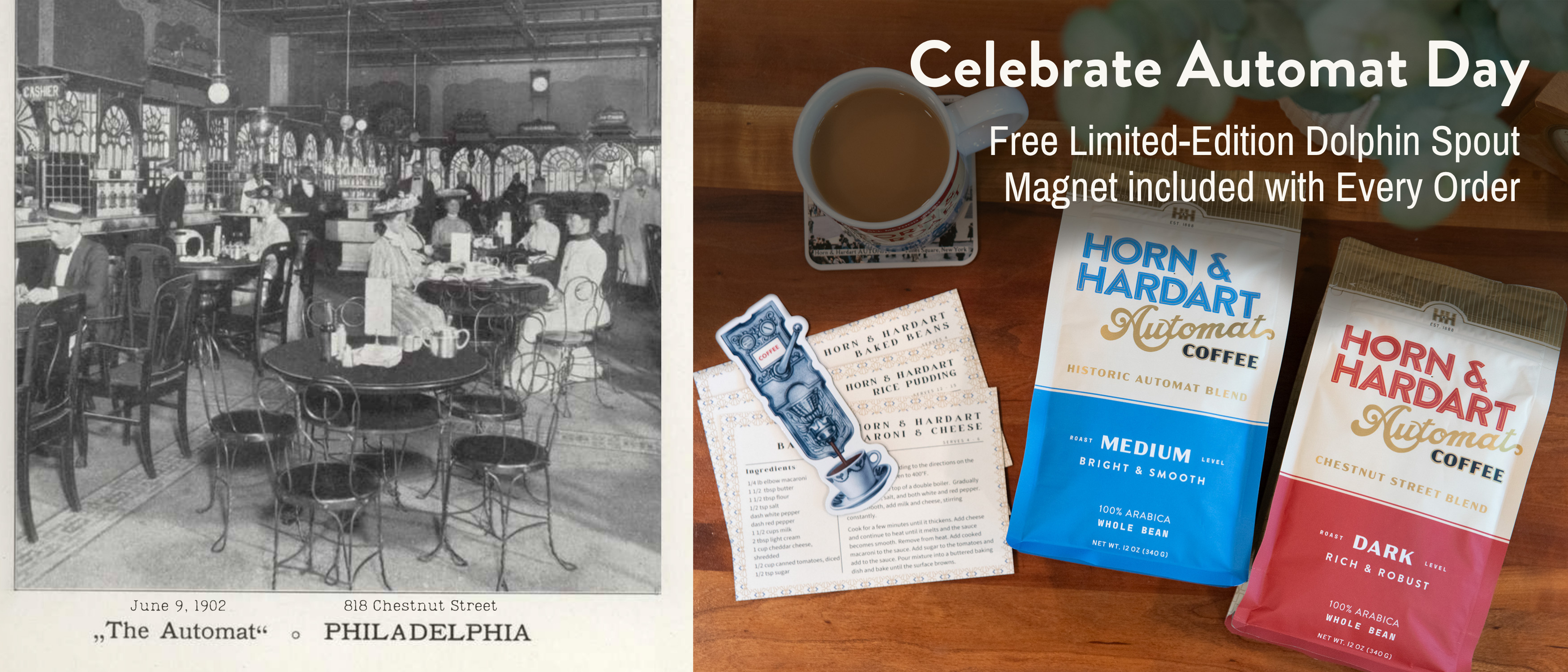Historical restaurant interior with modern coffee packages and promotional text for Horn & Hardart.