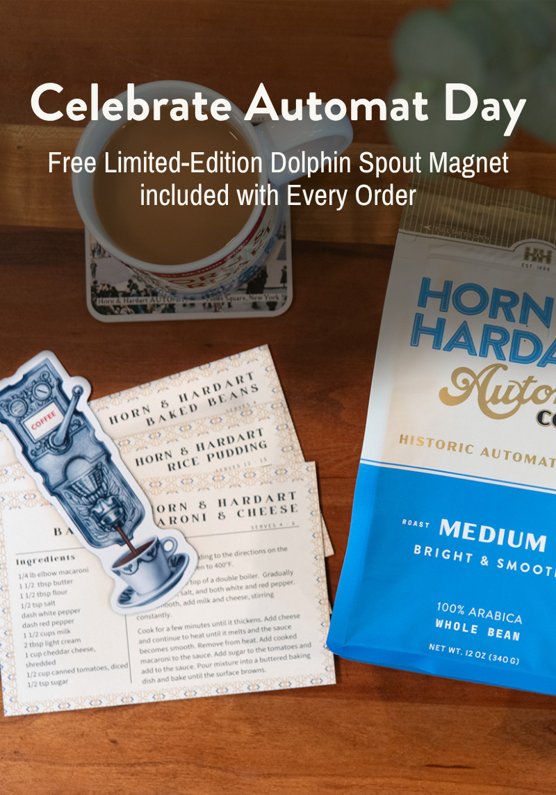 Horn & Hardart automat coffee package with promotional text on a wooden surface