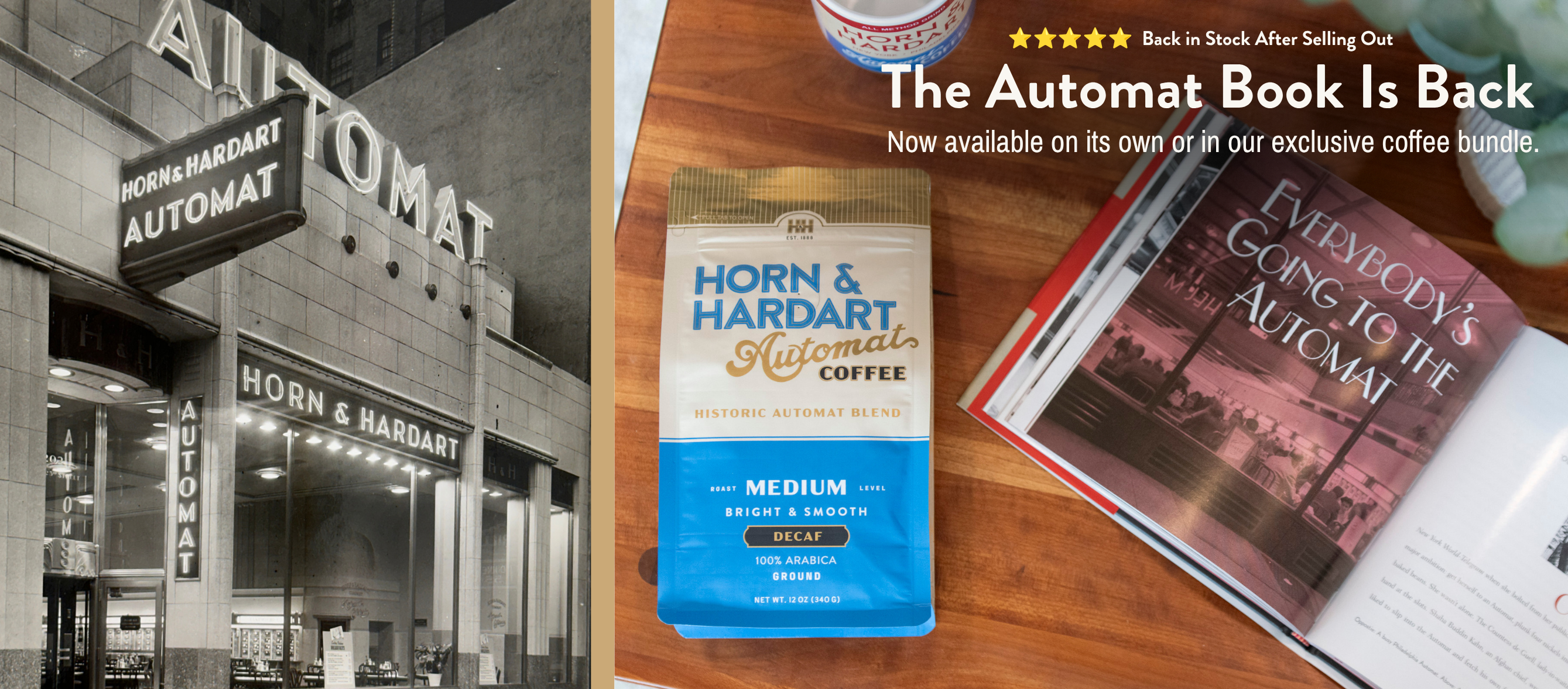 The Automat Book is Back, historic H&H facade next to image of book and coffee bag. 