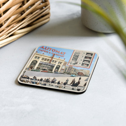 Coaster with vintage design of a building and people on a white surface