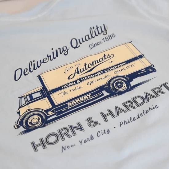 Video of the Delivering Quality Horn & Hardart T-shirt, turning front to back. 