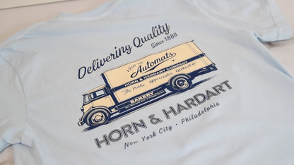 Video of the Delivering Quality Horn & Hardart T-shirt, turning front to back. 