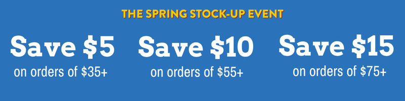 Promotional banner for the Spring Stock-Up Event with savings on orders.