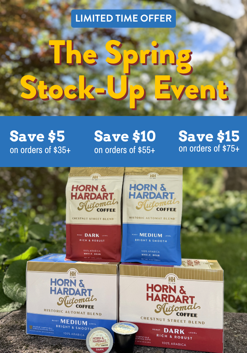 Horn & Hardart coffee packages with promotional text for a spring stock-up event.